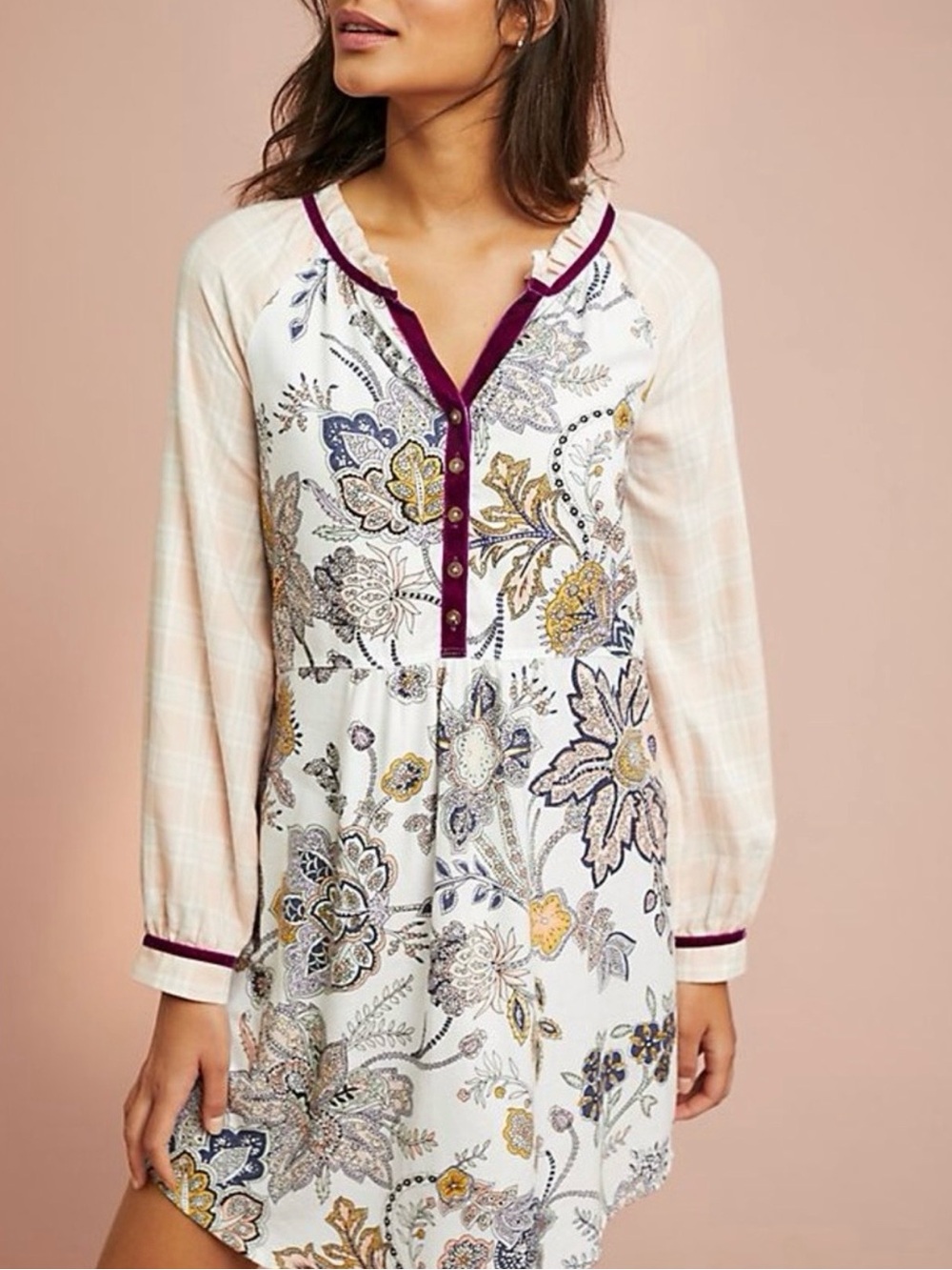 Anthropologie Floreat Patchwork boho Sleep Shirt - Floral - Plaid - Henley Tunic